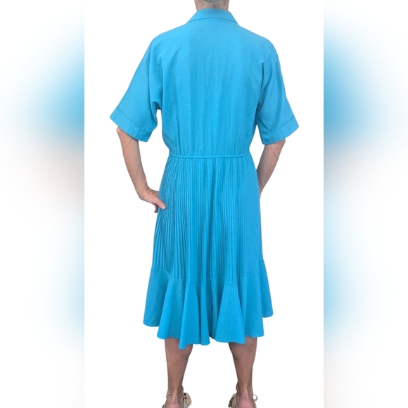 VINTAGE S.L. Petites Bold Color Pleated Pinup 80s Fashion Office Blouson Dress - Picture 6 of 7